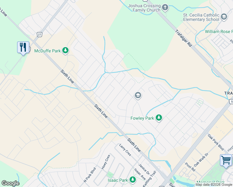 map of restaurants, bars, coffee shops, grocery stores, and more near 75 Carnegie Drive in Oakville