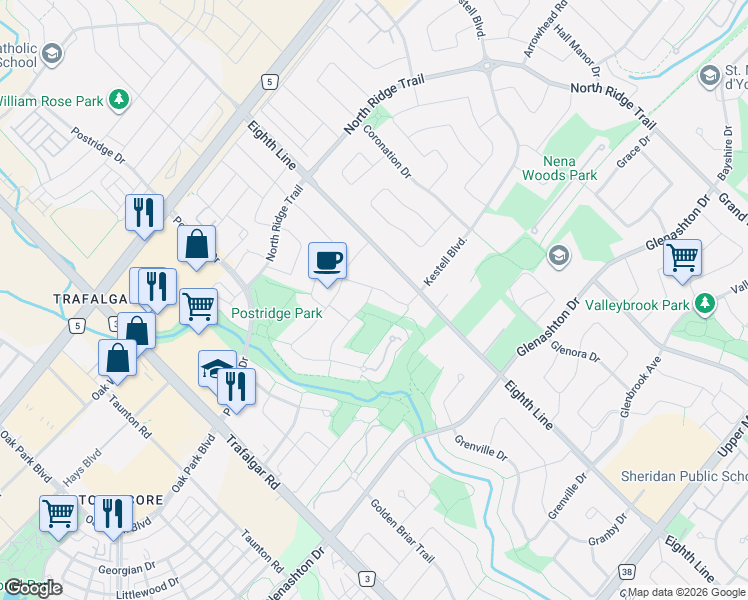 map of restaurants, bars, coffee shops, grocery stores, and more near 506 Pondview Place in Oakville