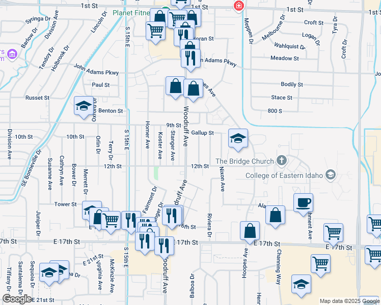 map of restaurants, bars, coffee shops, grocery stores, and more near 1079 South Woodruff Avenue in Idaho Falls