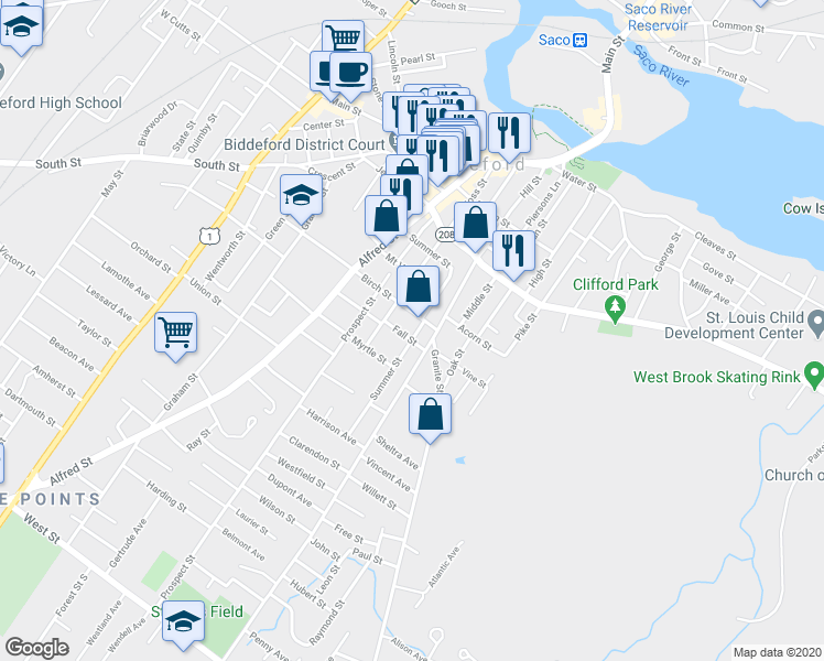 map of restaurants, bars, coffee shops, grocery stores, and more near 2 Fall Street in Biddeford