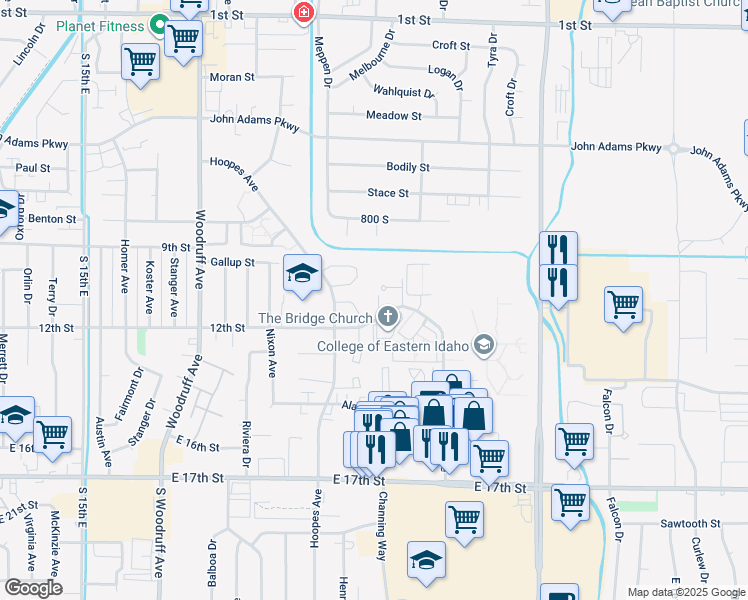 map of restaurants, bars, coffee shops, grocery stores, and more near 2145 12th Street in Idaho Falls