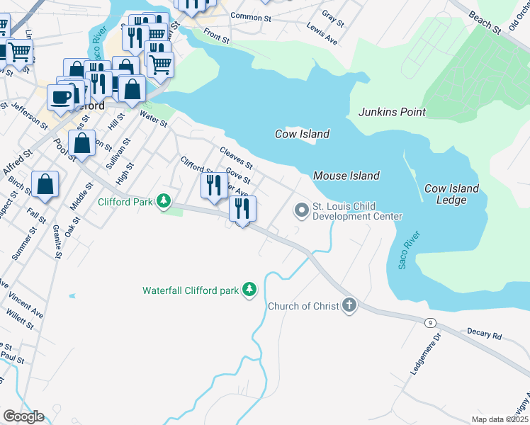 map of restaurants, bars, coffee shops, grocery stores, and more near 26 Lafayette Street in Biddeford