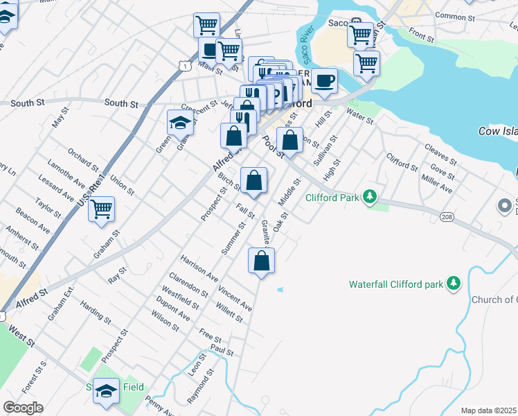 map of restaurants, bars, coffee shops, grocery stores, and more near 136 Hill Street in Biddeford