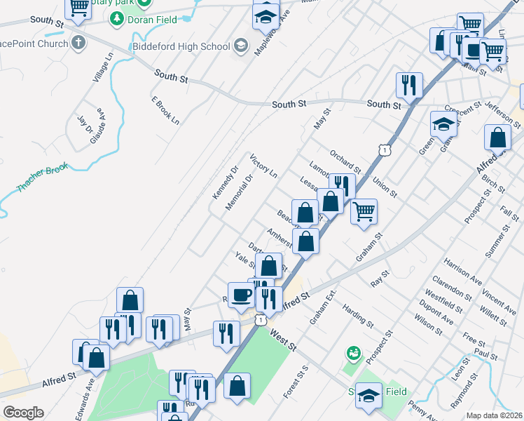 map of restaurants, bars, coffee shops, grocery stores, and more near 92 May Street in Biddeford