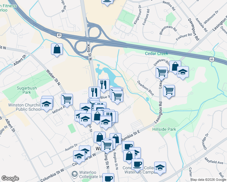 map of restaurants, bars, coffee shops, grocery stores, and more near 40 A Blue Springs Drive in Waterloo