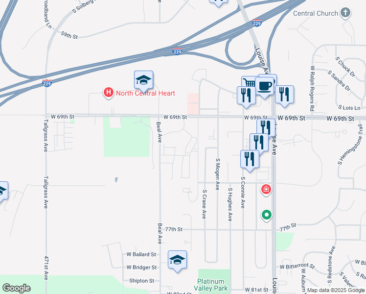 map of restaurants, bars, coffee shops, grocery stores, and more near 4001 West 69th Street in Sioux Falls