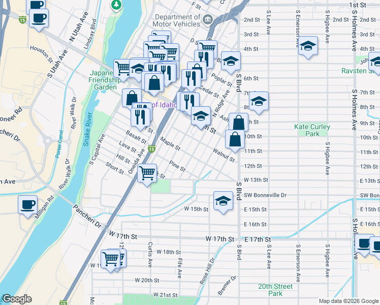 map of restaurants, bars, coffee shops, grocery stores, and more near 190 South Ridge Avenue in Idaho Falls