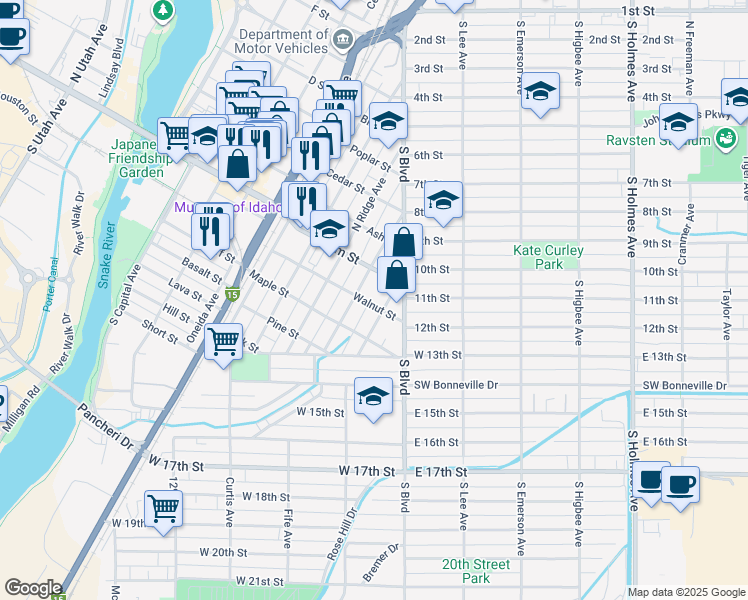 map of restaurants, bars, coffee shops, grocery stores, and more near 453 Walnut Street in Idaho Falls