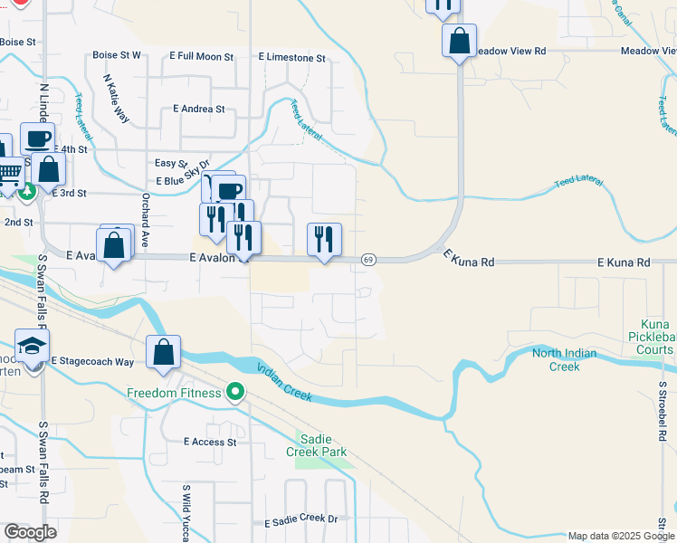 map of restaurants, bars, coffee shops, grocery stores, and more near 1075 East Kuna Road in Kuna