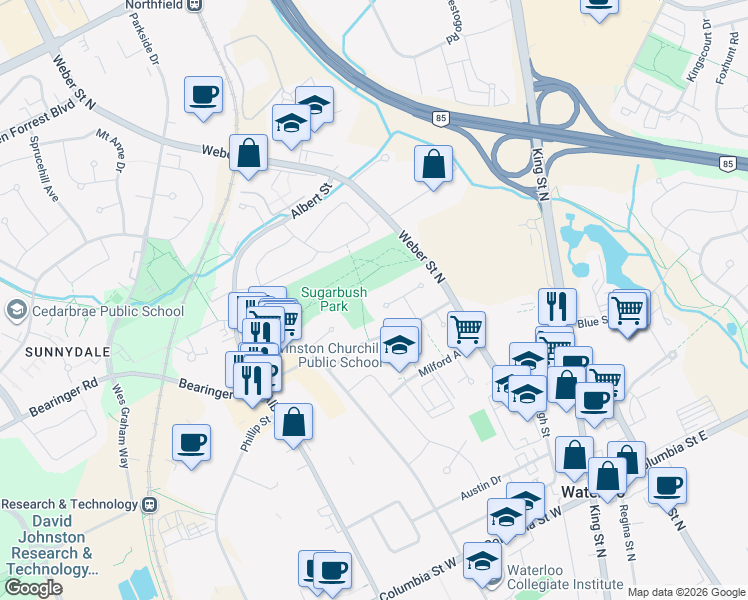 map of restaurants, bars, coffee shops, grocery stores, and more near 488 Parkwood Court in Waterloo