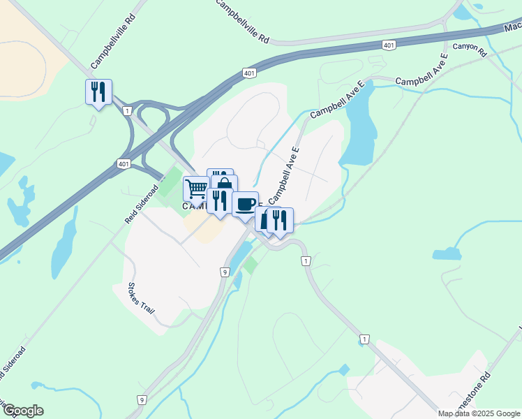 map of restaurants, bars, coffee shops, grocery stores, and more near 35 Campbell Avenue East in Milton