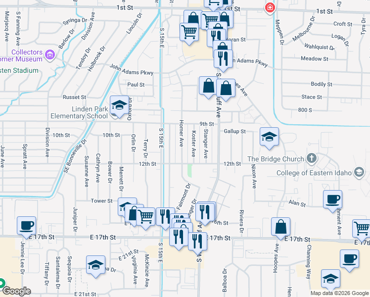 map of restaurants, bars, coffee shops, grocery stores, and more near 1095 Homer Avenue in Idaho Falls