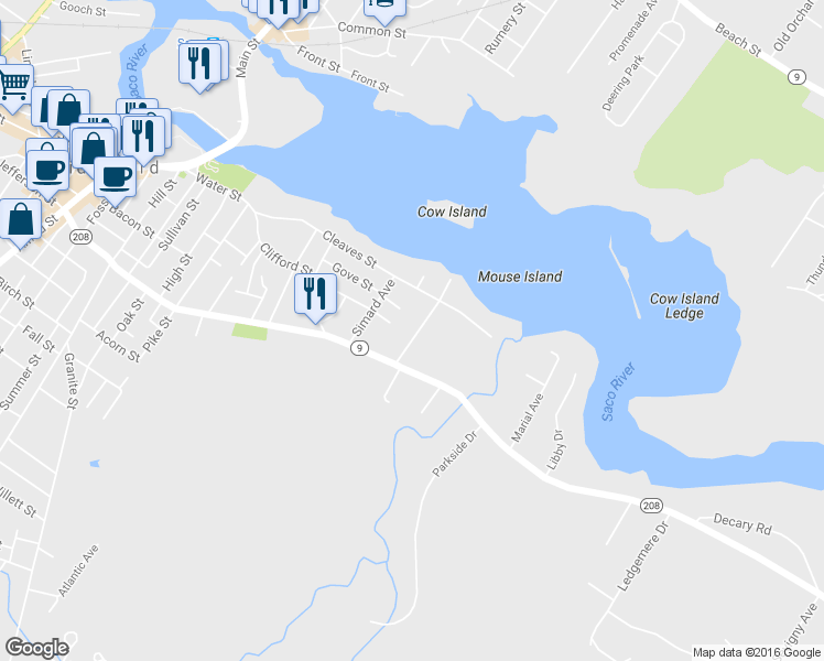 map of restaurants, bars, coffee shops, grocery stores, and more near 26 Lafayette Street in Biddeford