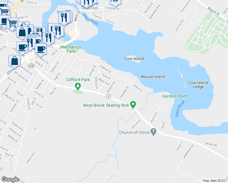 map of restaurants, bars, coffee shops, grocery stores, and more near 197 Pool Street in Biddeford