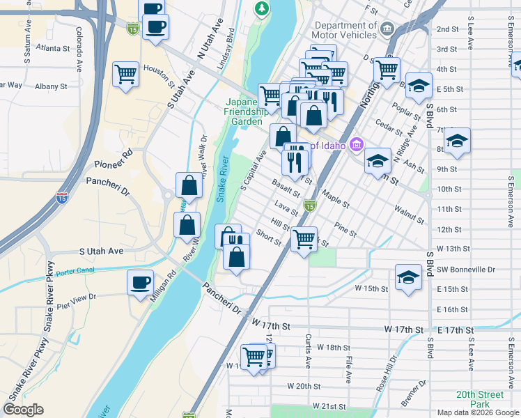 map of restaurants, bars, coffee shops, grocery stores, and more near 302 Hill Street in Idaho Falls