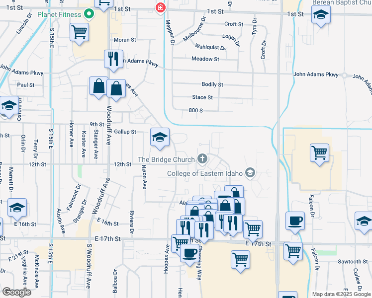 map of restaurants, bars, coffee shops, grocery stores, and more near 1085 Hoopes Avenue in Idaho Falls