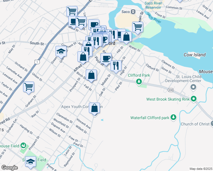 map of restaurants, bars, coffee shops, grocery stores, and more near 43 Middle Street in Biddeford