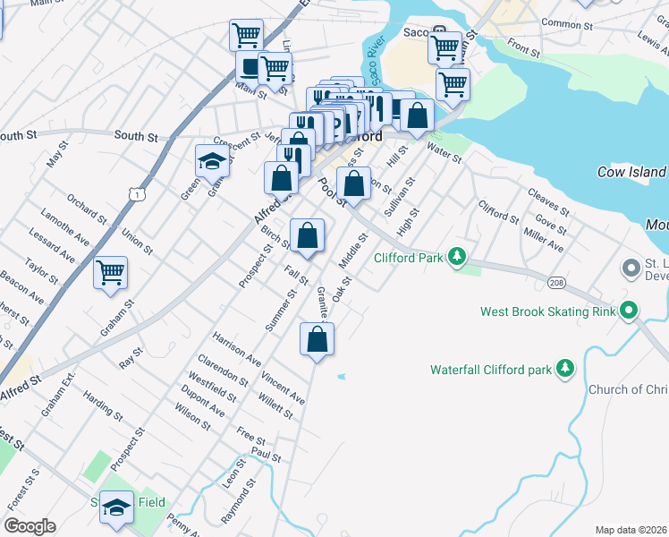 map of restaurants, bars, coffee shops, grocery stores, and more near 43 Middle Street in Biddeford