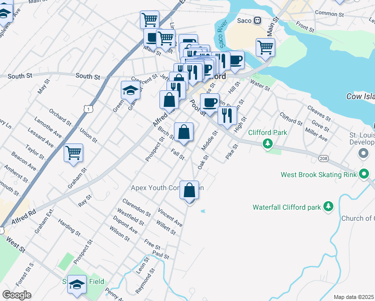 map of restaurants, bars, coffee shops, grocery stores, and more near 136 Hill Street in Biddeford