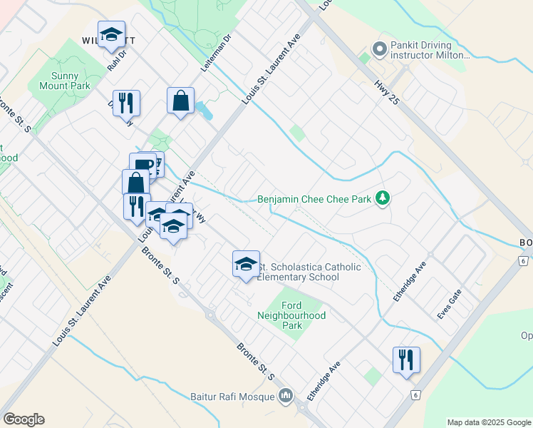 map of restaurants, bars, coffee shops, grocery stores, and more near in Milton