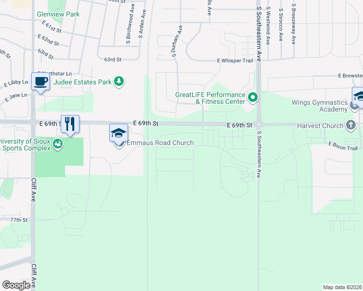 map of restaurants, bars, coffee shops, grocery stores, and more near 2506 East Copalis Place in Sioux Falls