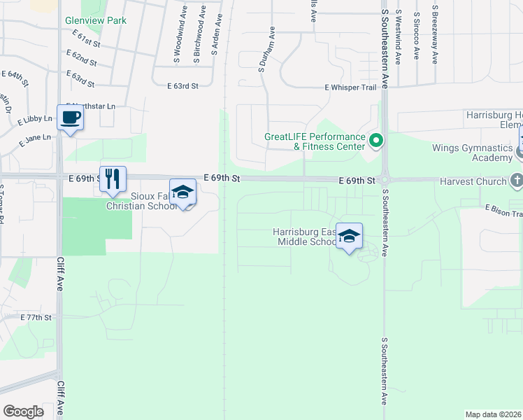map of restaurants, bars, coffee shops, grocery stores, and more near 47555 East 69th Street in Sioux Falls