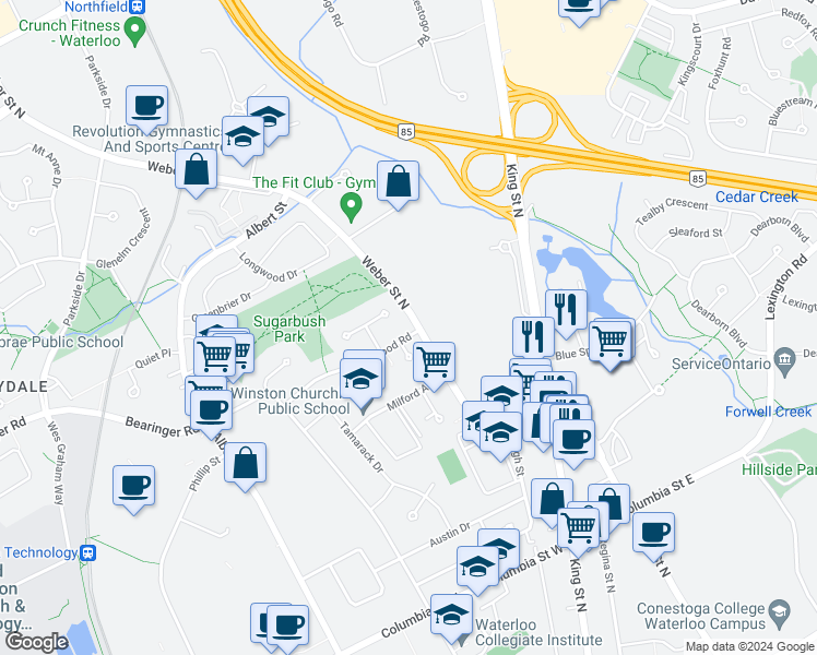 map of restaurants, bars, coffee shops, grocery stores, and more near 66 Blythwood Road in Waterloo
