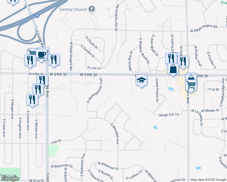 map of restaurants, bars, coffee shops, grocery stores, and more near 6201 South Callington Circle in Sioux Falls