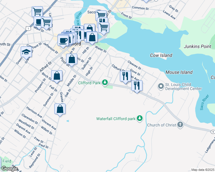map of restaurants, bars, coffee shops, grocery stores, and more near 130 Maine 208 in Biddeford