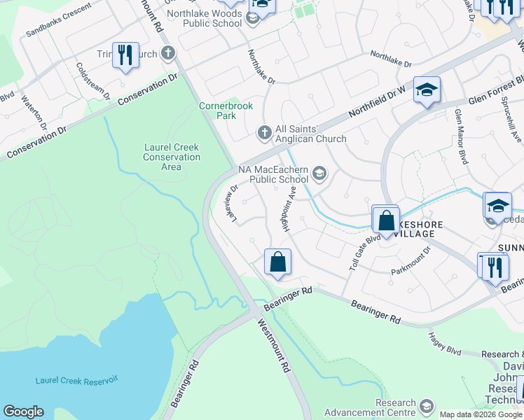 map of restaurants, bars, coffee shops, grocery stores, and more near 645 Pineridge Road in Waterloo