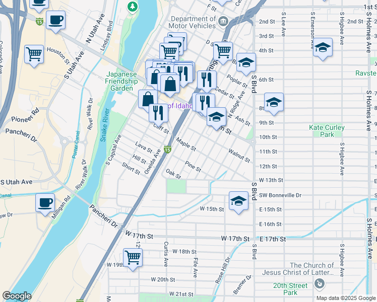 map of restaurants, bars, coffee shops, grocery stores, and more near 224 South Water Avenue in Idaho Falls