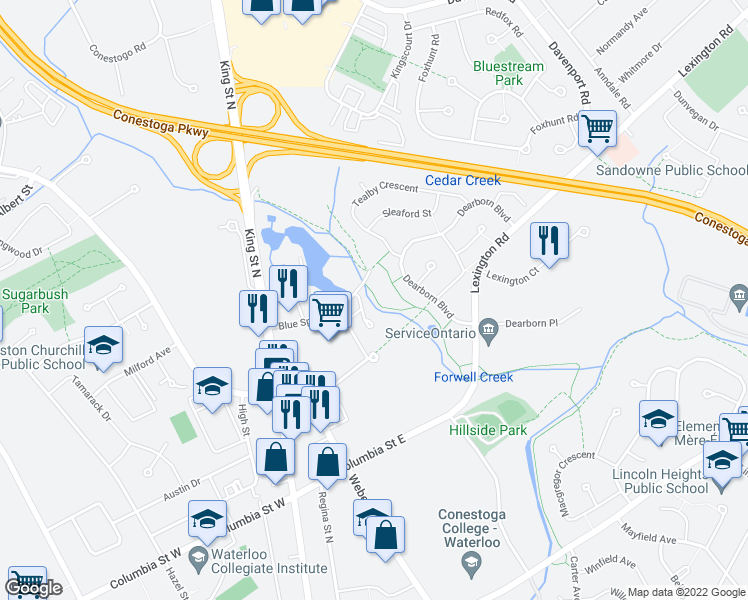 map of restaurants, bars, coffee shops, grocery stores, and more near 65 Blue Springs Drive in Waterloo