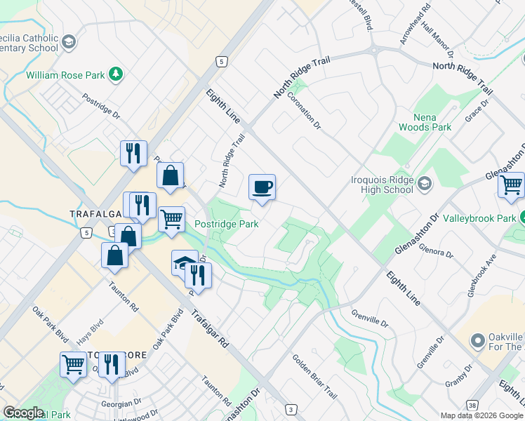 map of restaurants, bars, coffee shops, grocery stores, and more near 475 Ravineview Way in Oakville