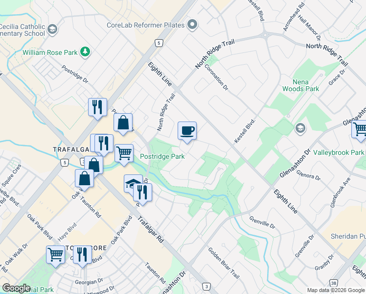 map of restaurants, bars, coffee shops, grocery stores, and more near 2369 Nichols Drive in Oakville