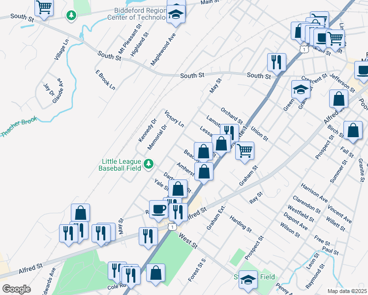 map of restaurants, bars, coffee shops, grocery stores, and more near 30 Beacon Avenue in Biddeford