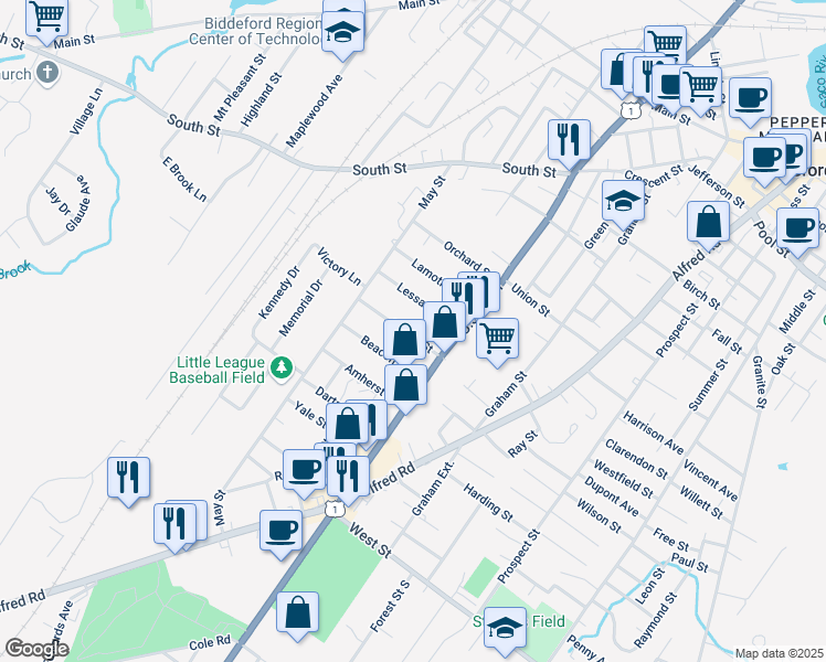 map of restaurants, bars, coffee shops, grocery stores, and more near 14 Taylor Street in Biddeford