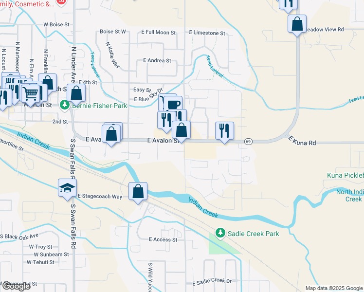 map of restaurants, bars, coffee shops, grocery stores, and more near 762 East Wythe Creek Court in Kuna