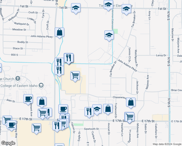 map of restaurants, bars, coffee shops, grocery stores, and more near 1035 Curlew Drive in Ammon