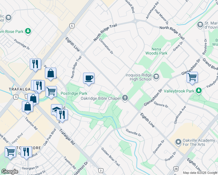 map of restaurants, bars, coffee shops, grocery stores, and more near 2339 Woodridge Way in Oakville