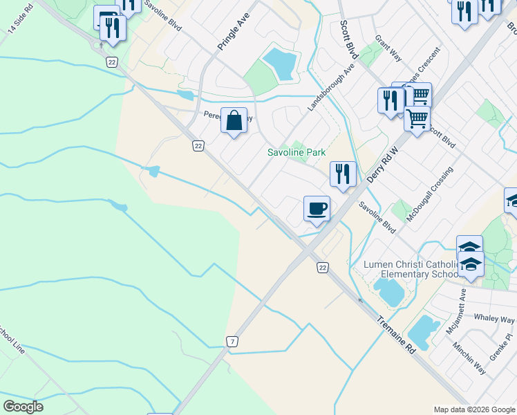 map of restaurants, bars, coffee shops, grocery stores, and more near 7086 Tremaine Road in Milton