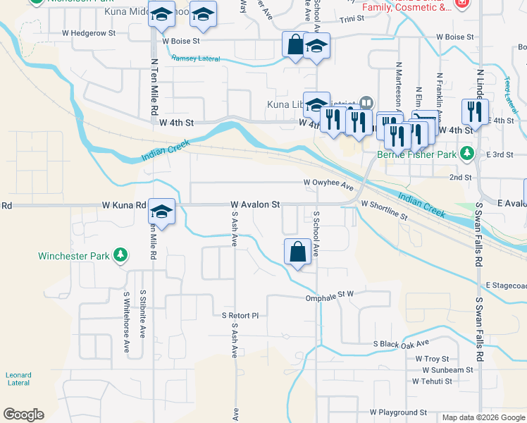 map of restaurants, bars, coffee shops, grocery stores, and more near 1079 West Avalon Street in Kuna