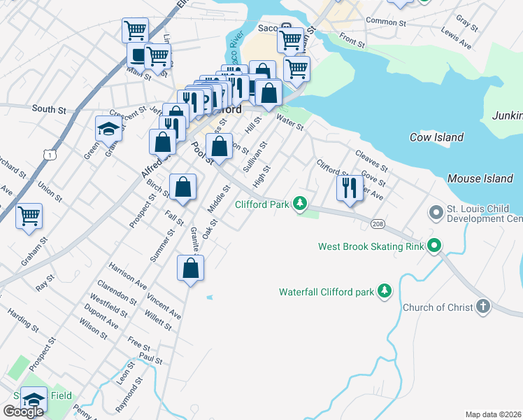 map of restaurants, bars, coffee shops, grocery stores, and more near 110 Pool Street in Biddeford
