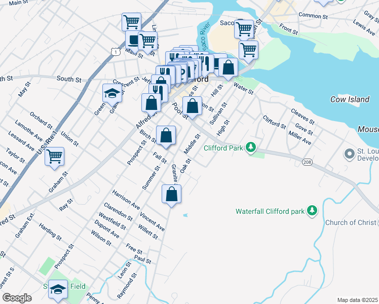 map of restaurants, bars, coffee shops, grocery stores, and more near 43 Middle Street in Biddeford
