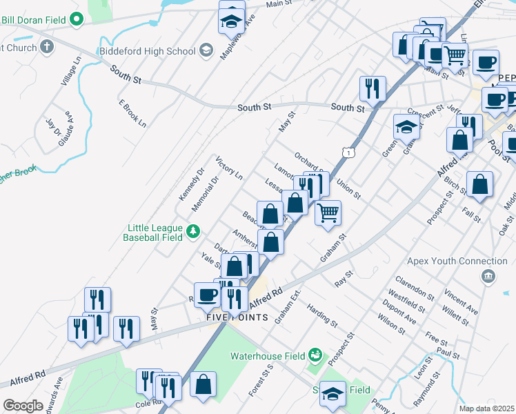 map of restaurants, bars, coffee shops, grocery stores, and more near 30 Beacon Avenue in Biddeford