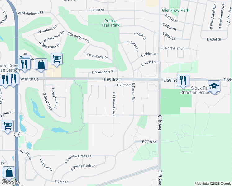 map of restaurants, bars, coffee shops, grocery stores, and more near 6208-6212 South El Dorado Avenue in Sioux Falls