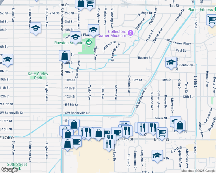 map of restaurants, bars, coffee shops, grocery stores, and more near 835 11th Street in Idaho Falls
