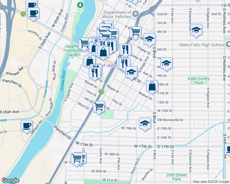 map of restaurants, bars, coffee shops, grocery stores, and more near 224 South Water Avenue in Idaho Falls