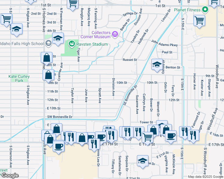 map of restaurants, bars, coffee shops, grocery stores, and more near 993 11th Street in Idaho Falls