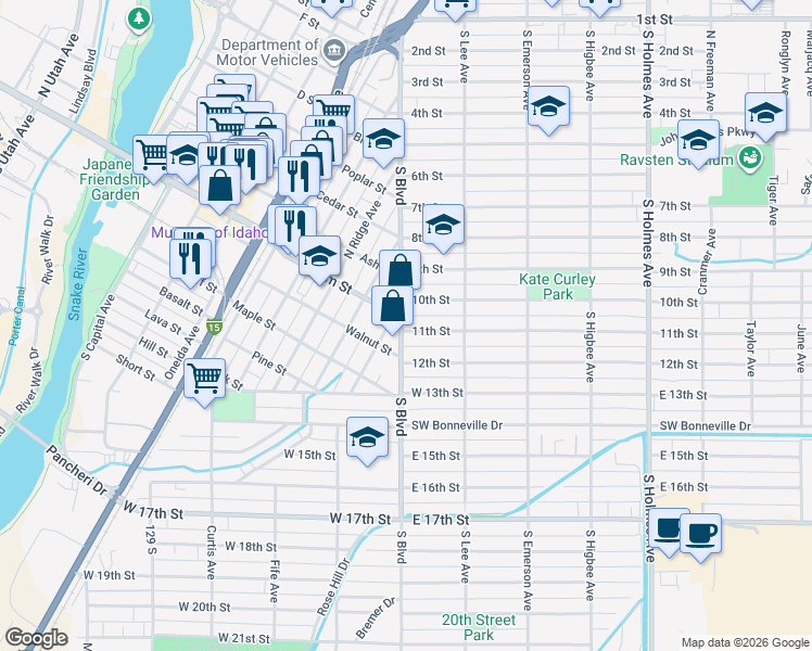 map of restaurants, bars, coffee shops, grocery stores, and more near 1085 South Boulevard in Idaho Falls