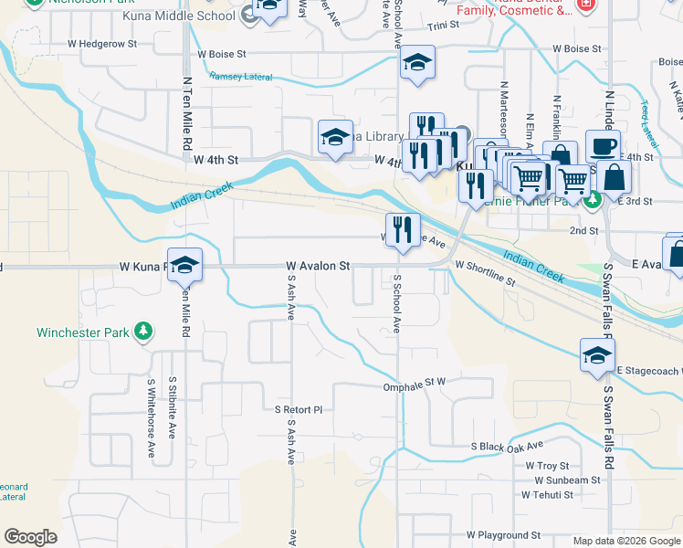 map of restaurants, bars, coffee shops, grocery stores, and more near 1079 West Avalon Street in Kuna